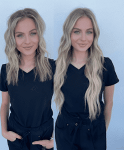 before and after photo of girl with hair extensions