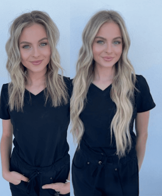 before and after photo of girl with hair extensions